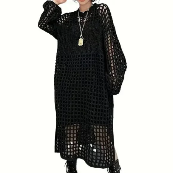 Open Knit Hollow Long Sweater Dress - Picture 1 of 11